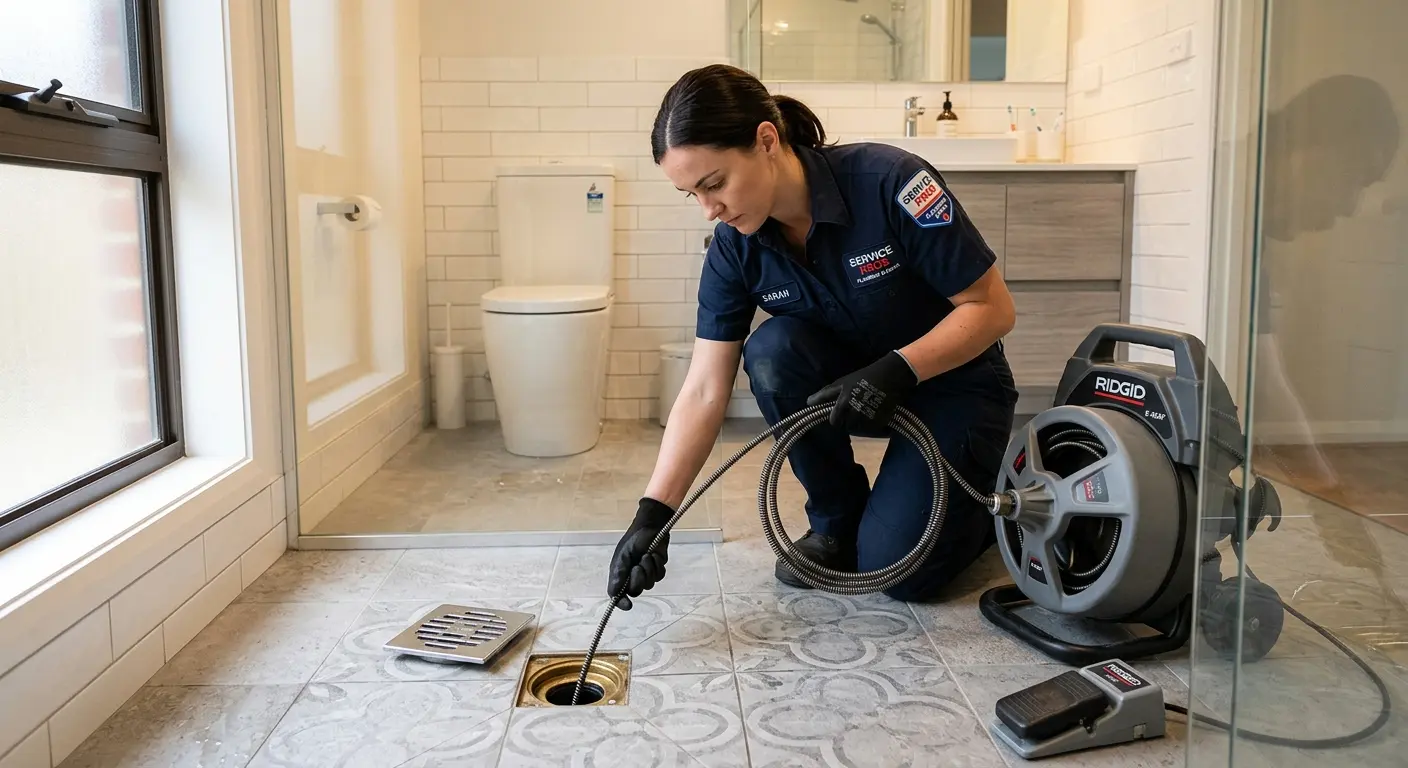 Technician clearing a bathroom floor drain for Hydro Jetting in Wekiwa Springs